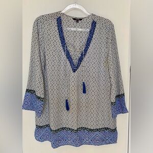 NYDJ Blue V-Neck Tassel Blouse
